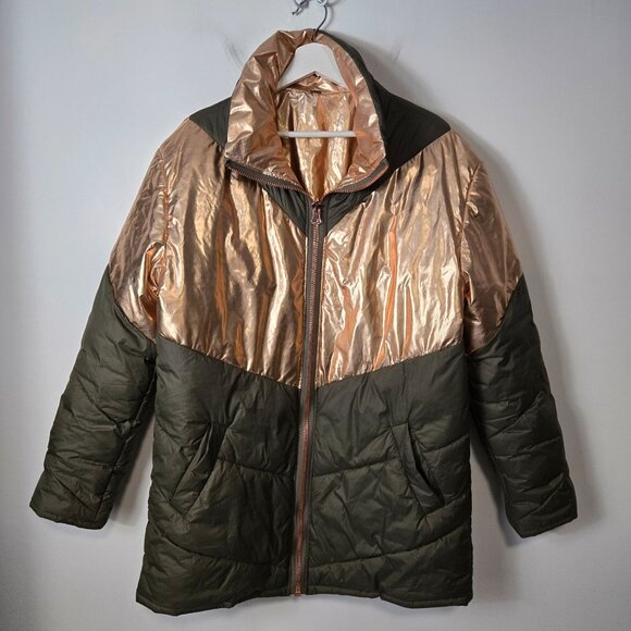 FREE PEOPLE Size XS Reversible Nylon Puffer Oversized Metallic Gold Green Coat - Picture 5 of 16